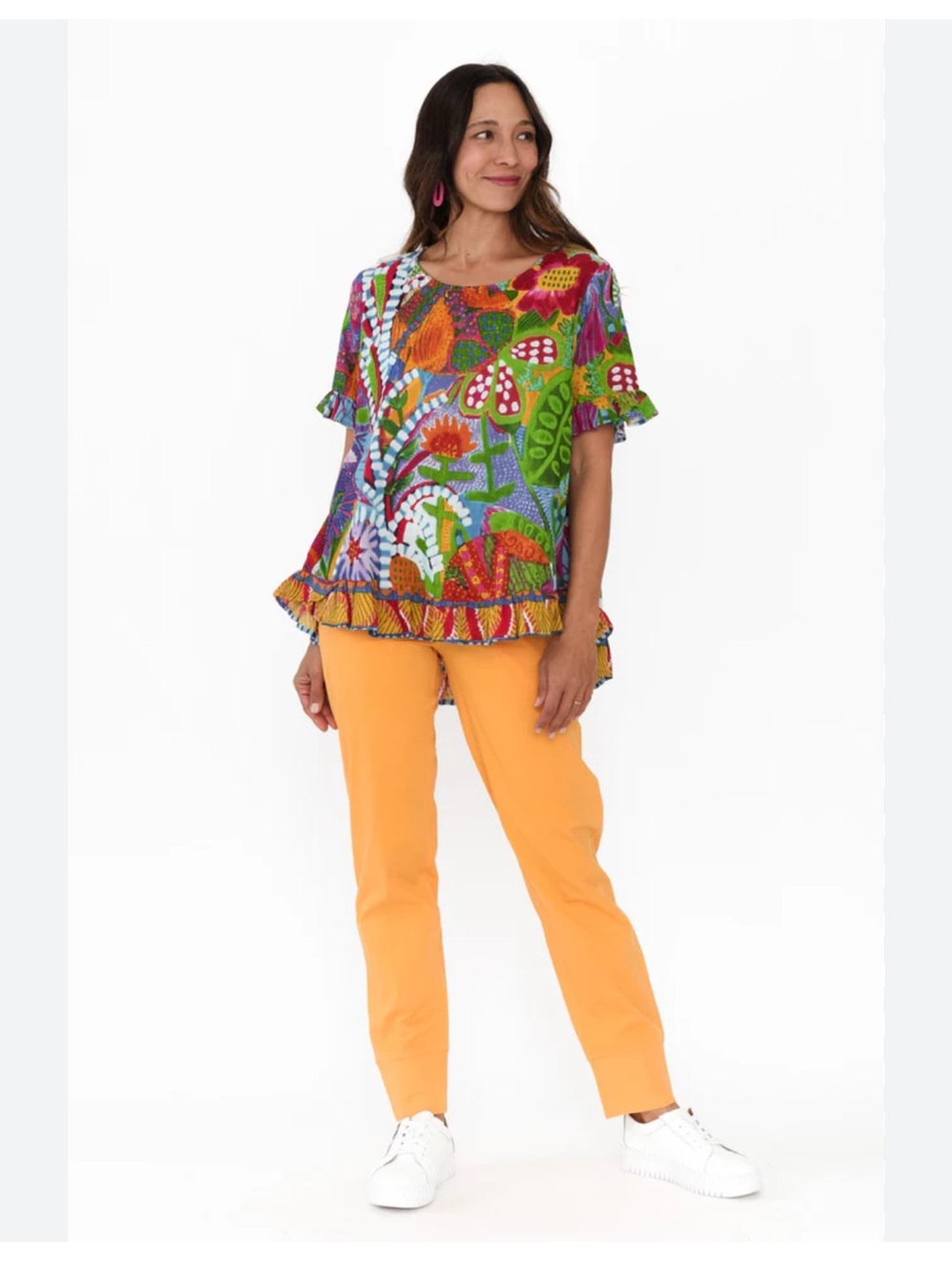 Orientique Torgua Frill Print Top Button Back Small Colorful Tropical Artsy
